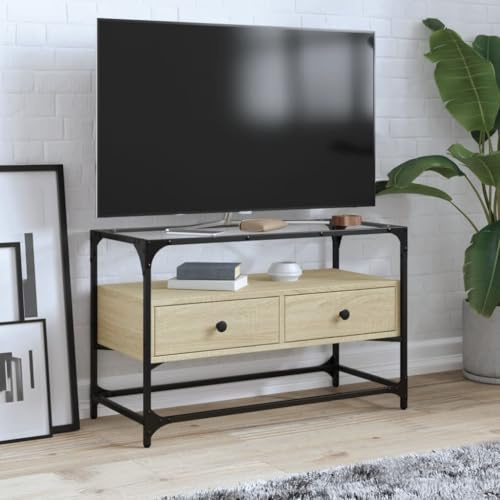 WEMYUFURN TV-Schrank mit Glasplatte Sonoma-Eiche kommode Konsolentisch mit Schubladen Couchtisch tv Regal 80x35x51cm Holzwerkstoff