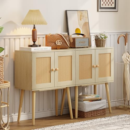 Credenza Credenza Credenza con porta in rattan, piccolo bar boho accento media console con gambe alte in legno massello, tavolo da buffet per soggiorno, cucina, ingresso