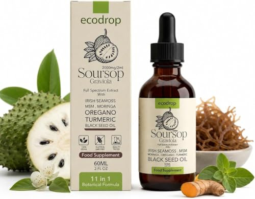 Ecodrop Soursop Drops 60ml/2000mg, 11-in-1 Herbal Multivitamin Supplement | Soursop bitters fruit extract, Irish sea moss, moringa, turmeric, oregano & MSM in liquid form, supplied with a dose dropper