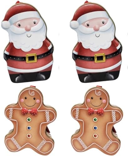 Festive Santa and Gingerbread Man Shaped Tin Set with Milk Chocolate Coins and Gingerbread Biscuits – Collectible Holiday Treat Box Gift Idea (pack of 4 (2 santa + 2 gingerbread))