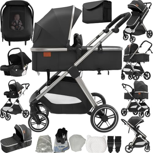 Reenborn Kinderwagen 3 in 1, Buggy mit Ein-Klick-Faltdesign, Kinderwagen mit Zwei Umkehrbaren Schiebemodi, Kombikinderwagen 3 in 1 Komplettset mit Rahmen Aluminiumlegierung (V10 Deep Grey)