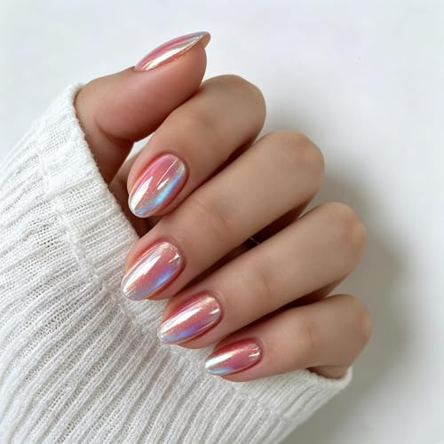 SXVME Chrome Hot Pink Press on Nails Short Oval, 32 Pcs 16 Sizes Glazed False Nails with Sparkle Mirror Design, Thick Glitter Fake Nails Almond, Metallic Stick on Nail for Women Manicure Gift
