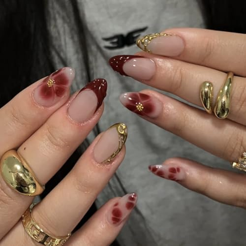 24PCS Press on Nails Almond Shape，French Tip False Nails Pink with Red Flower & Gold Line，12 Sizes French Manicure Stick on Nails for Women, Removable Full Cover DIY Nail Art - Small Gift for Girls