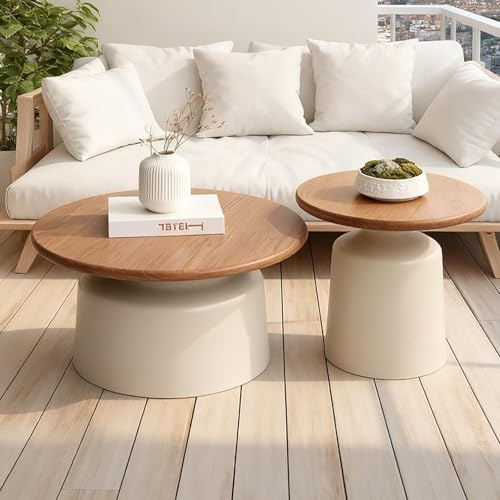 SOFACHEN 2er Set Couchtisch Runder, Couchtisch aus Massivholz mit Eisengestell, Kann einzeln oder kombiniert verwendet Werden, Moderner Beistelltisch für Wohnzimmer, Schlafzimmer