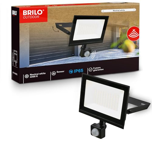 BRILONER - LED Strahler außen mit Bewegungsmelder, 50W 4500lm, Schwenkbar, IP65 Staub- und Strahlwasserschutz, Neutralweiß, Fluter, Flutlicht, Außenstrahler, Scheinwerfer, 17,5x21x4 cm, Schwarz