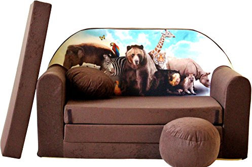 Pro Cosmo umwandelbares Kindersofa – perfekt zum Spielen und Schlafen – mit Abnehmbarer Matratze, Kissen und Pouf – 98x168x59 cm – leicht und einfach zusammenklappbar - K8 Braun - Dschungeltiere