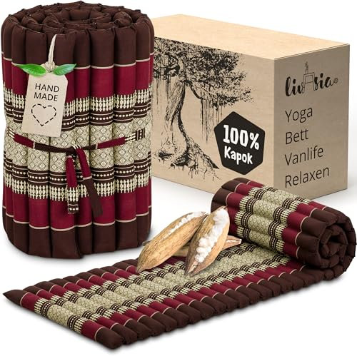 livasia Rollmatte Rollmatratze S schmal - 200x50x4,5cm - Gästebett Gästematratze 1 Person mit Muster, Reisebett Kofferraum outdoor, Thaimatte Kapok für Garten Balkon handgefertigt (Weinrot)