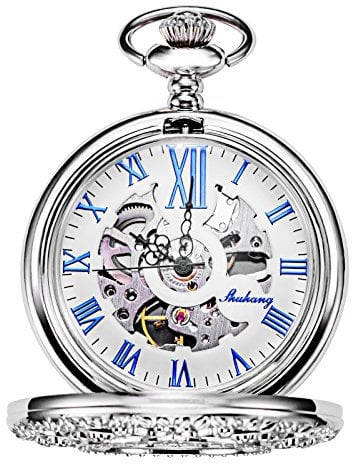 TREEWETO Unisex Taschenuhr mit Kette Analog Handaufzug Skelett Lupe Halber Jäger Silber