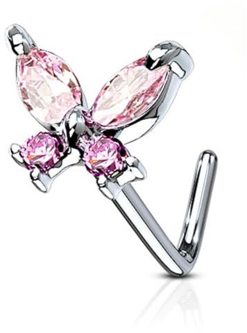 Tapsi´s Coolbodyart® Nasenpiercing L Stecker Gebogen Chirurgenstahl 316L Silber Zirkonia Schmetterling Pink