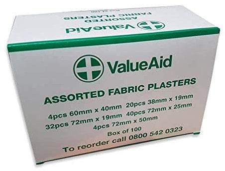 Value Aid Fabric Plasters Assorted - Box of 100 Individually Wrapped Hypoallergenic Plasters, Latex-Free Adhesive - 5 Popular Sizes for First Aid Kit & On-The-Go Use Medical Supplies