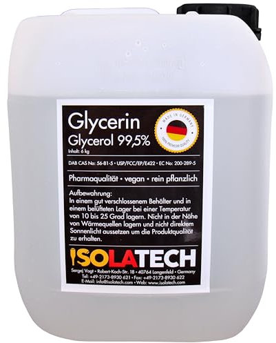 ISOLATECH Glycerin 99,5% 5L Pharmaqualität made in Germany, gemessen 99,98% rein Pflanzlich, Glyzerin Glycerol flüssig transparent 5L-Kanister (Inhalt 6kg)