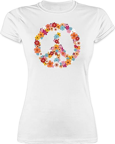 Shirt Damen - Sprüche Statement - Peace Flower Power Hippie Peace Zeichen I Friedenszeichen I 90er I 70er - M - Weiß - friedensshirt Funshirts mit Aufschrift 90s Tshirt Hippy Style