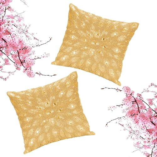 Weihnachtskissenbezüge, handperlenbesetzter dekorativer Kissenbezug von erfahrenen Kunsthandwerkern, ein schönes und elegantes Accessoire zum Verkleiden Ihrer Couch, Sofa, Bett, Goldfarben, 2 Stück