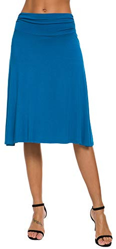 EXCHIC Damen Elegant Hohe Taille A-Linie Knie Länge Yoga Rock Elastisch Bundfalten Fließend Midi Röcke