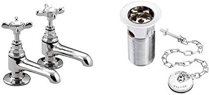 Bristan N 1/2 C CD 1901 Traditional Basin Pillar Taps, Chrome & Waste with Porcelain Plug for Basins with Overflow