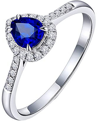 KnBoB Damen 18 Karat (750) Weißgold Ring Tropfen Blau 0.78ct Saphir mit Weiß Diamant Einfache Eheringe Ringgröße 48 (15.3)