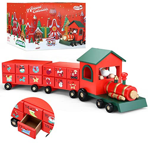 Kesote Adventskalender Kinder Weihnachtskalender Holz Weihnachtszug Adventskalender zum befüllen Zug mit 24 Türchen Weihnachten Deko Mädchen