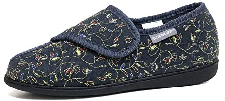 DUNLOP Womens Floral Print Touch and Close Slippers Ladies Memory Foam Machine Washable Shoes (Grey, UK Footwear Size System, Adult, Women, Numeric, Medium, 6)