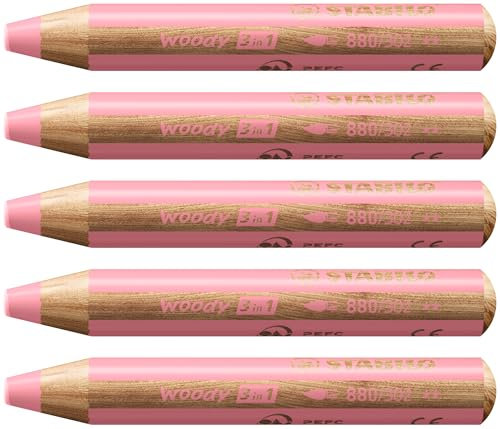 STABILO - Buntstift, Wasserfarbe & Wachsmalkreide - woody 3 in 1-5er Pack - pastellpink