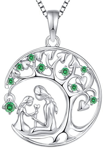 YL Collier Mère et Fille Mai Pierre de naissance Émeraude Pendentif Arbre de Vie en Argent 925 pour Femme Maman