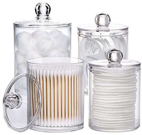 Tbestmax 4 Pack Qtip Holder 10oz, 12oz Bathroom Storage Containers Clear Plastic Apothecary Jars with Lids for Organizing Cotton Ball, Cotton Swab, Cotton Round Pads, Floss