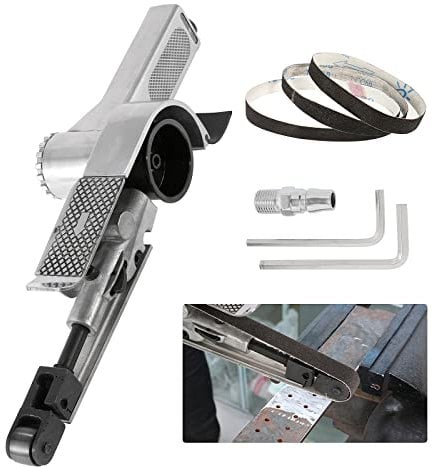 BEAMNOVA Mini Air Belt Sander for Woodworking Metal Working 20mm 3/4 Inch Handheld Angle Grinder with 3 Belts 80/100/120 Grit Industrial Pneumatic Tool