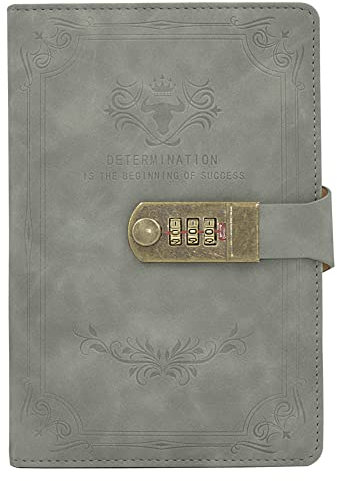 Auvier Diary with Lock, PU Leather Password Lock Notebook, Lockable Journal for Adults with Combination Lock, A5 Writing Notebook Secret Notepad for Office Women Men, Grey