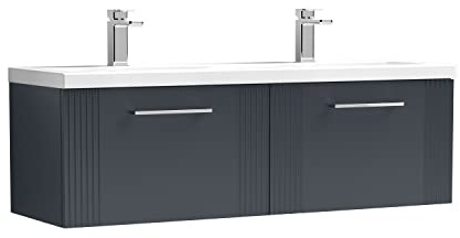 nuie DPF1494F Deco Modern Bathroom Wall Hung 2 Drawer Part Fluted Vanity Basin Unit with Twin Ceramic Basin, 1200mm, Soft Black