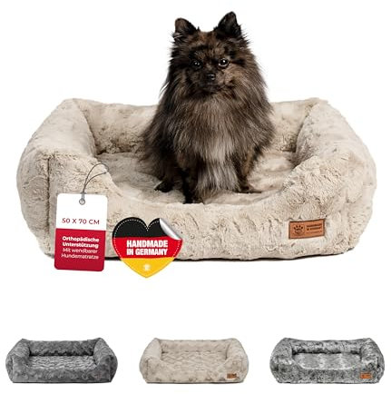 HS-Hundebett® Kuschelbett Deluxe Exklusiv XS (50x70 cm) – Orthopädisches Hundebett mit Memory Foam & Anti-Rutsch – Waschbar – Sand – Made in DE