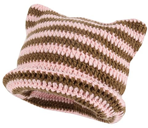 Damen Winter Katzenohren Hüte Strickmütze Weiche Slouchy Gestreifte Strickmütze Trendige Warme Gehäkelte Geflochtene Strickmützen Häkelmütze Katze Hut Vintage Mütze Geflochten (04-Pink, One Size)