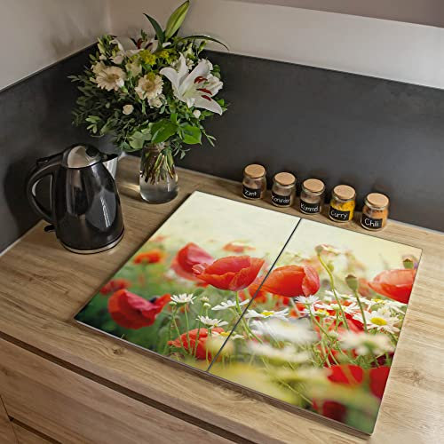 banjado® Herdabdeckplatte Glas 2-teilig 80x52 cm/Schneidebrett Herdabdeckung mit Motiv Kamille Und Mohn/Herdabdeckplatten Ceranfeld 2teilig / Schneidebrett Glas individuell einsetzbar