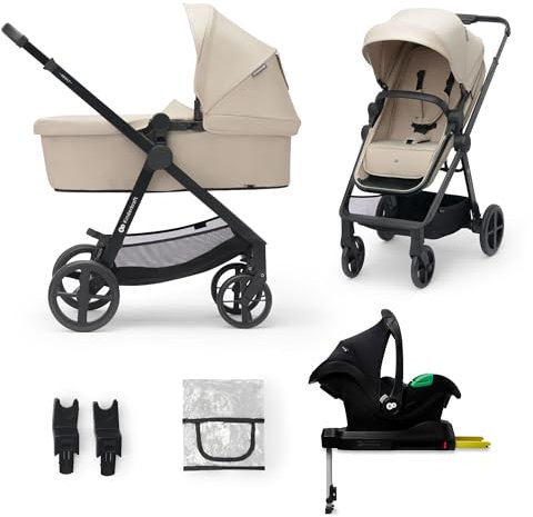 Kinderkraft NEWLY Kinderwagen 4 in 1, Komplettset bis 22 kg, Leicht Kombikinderwagen mit Babyschale Regenschutz Fußsack, wasserfestes Verdeck mit UPF50+, Zusammenklappen, Liegeposition, Beige
