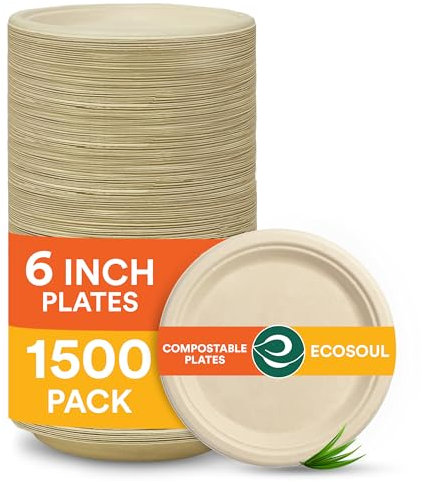 ECO SOUL 100% Compostable 6 Inch Paper Plates [1500-Pack] Disposable Party Plates I Heavy Duty Eco-Friendly Dinner Plates Disposable I Biodegradable Unbleached Sugarcane Eco Plates