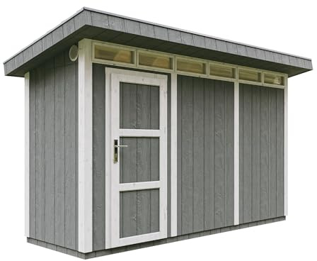 Gartenhaus Premium Qualität 4,3m² - L161xW411cm- All-Inclusive-Set mit Boden, Bitumen-Dachziegeln, Farbset- Hochwertiger Geräteschuppen aus Holzwerkstoffplatten LP Smartside - M902 Cavern Steel