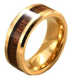 Beydodo Wolfram Ringe Herren, Ring Personalisiert 8MM mit Holz Partnerringe Gold Ringe Nickelfrei für Männer Größe 60 (19.1)