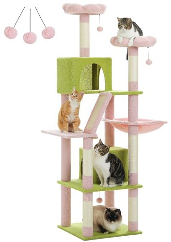 Petepela Arbre à Chat, Grand Tour de Jeux, avec 6 Poteaux à Griffer, 2 Planches à Griffer, 2 Plateformes, 2 Niches, 1 Hamac, 2 Pompons, Tissu Peluche, Multi-Niveaux, 180cm, Rose