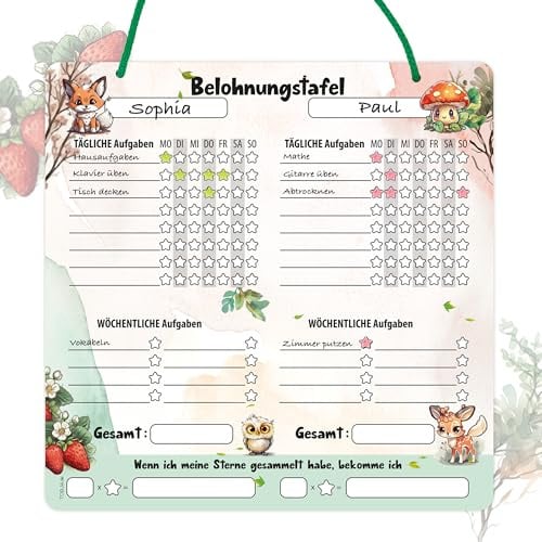 TOBJA Belohnungstafel Kinder ab 3 - Aufgabenplaner Kinder für tägliche und wöchentliche Aufgaben | Für Zwei mit Sternesystem zur Motivation | Abwischbar | Ideal für Routine Planer