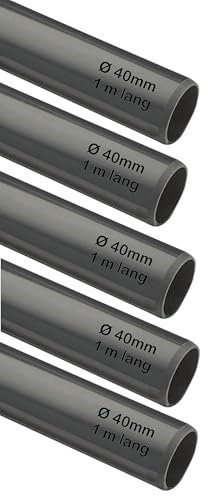 5 x PVC Rohr Ø 40mm, 1m lang Kleberohr grau für Wasser und Abwasser z.B. Abfluß Waschmaschine