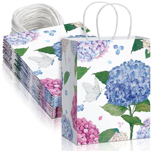 Chiisong 24 Pcs Floral Gift Bags Watercolor Hydrangea Paper Gift Bags with Handles Medium Wedding Floral Party Favor Bags for Mothers Day Holiday Birthday Baby Shower Party Favor