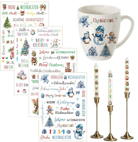 GWAWG 4 Rub On Sticker Weihnachten Nussknacker Aufkleber Selbstklebende Transferaufkleber für Kerzen Advent Zahlen Sticker 1-4 Frohe Weihnachten Kerzenaufkleber mit Weihnachtsmotiven für Glas Holz