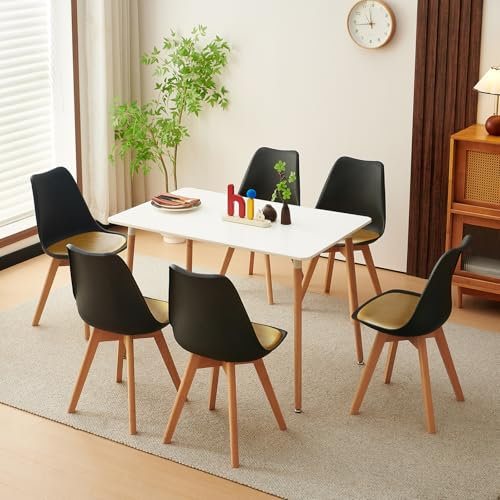 H.J WeDoo Esszimmergruppe Esstisch mit 6 Stühlen Essgrupp, Rechteckig Küchentisch und Esszimmerstühle mit PU Leder Kissen, Sitzgruppe für Wohnzimmer Küche Büro(Weiß Tisch+6 Schwarz&Gold Stühle)