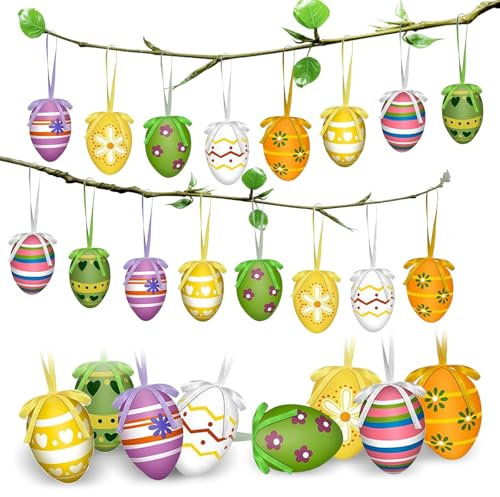 Ostereier zum Aufhängen,24 Stück Bunte Ostereier Plastik Ostern Ostereier Deko Osterschmuck zum Aufhängen Ostereier mit Tollen Mustern Osterdeko Outdoor für draußen innen Dekorationen Frühlingsdeko