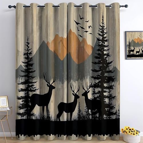 Generico Tende Oscuranti Termiche Isolanti Silhouette Montagne Cervi Pini Tende Finestre Soggiorno Moderne 2 Pezzi Stampa 3D Tende Oscuranti Termiche Isolanti con Occhielli L75 x A166 cm