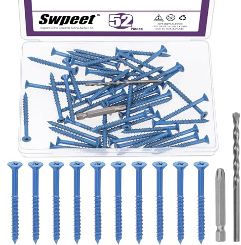 Swpeet 52 ancoraggi a vite per calcestruzzo a testa piatta da 3/16 x 2-1/4 pollici con kit assortimento di punte per cacciavite e punte da trapano, viti per cemento autofilettanti per ancoraggio a