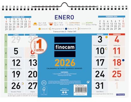 Finocam Wandkalender mit großen Zahlen 2026 Monatsansicht Januar - Dezember 2026 (12 Monate) | Kalender 2026 | Monatsplaner Farbe - Spanisch