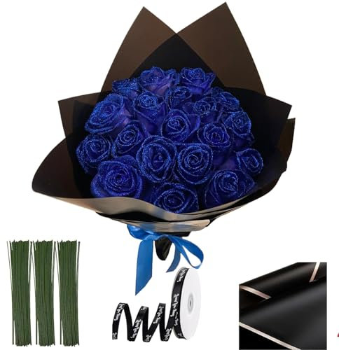 Bouquet di rose glitter, 20pcs da 9, 5 pollici lucido lucido bouquet, rose finte fai -da -te con stelo, nastri avvolgenti e carta avvolgente blu, fiori