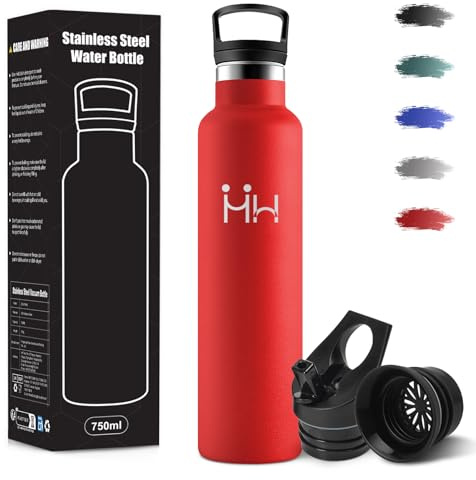 Gourde, 1000 ml Sans BPA, Gourde Isotherme, 18/8 Acier Inoxydable, Bouteille d'eau, Bouteille Avec Paille et 2 Couvercles, Bouteille Isotherme pour Camping, Salle de Sport, Bureau - Rouge
