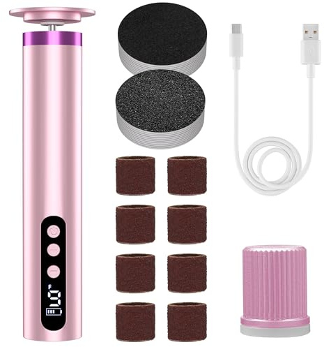 2 in 1 Elektrischer Hornhautentferner Fuß & Hände - Wiederaufladbar | mit 20 Sandpapier-Aufsätzen, 9 Geschwindigkeiten, LED-Anzeige - Professionelles Pediküre & Maniküre Set für Zuhause (Rosa)