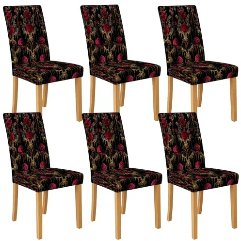 Lot de 6 housses de chaise de salle à manger élégantes à motif floral en élasthanne, extensibles et lavables, motif rose vintage