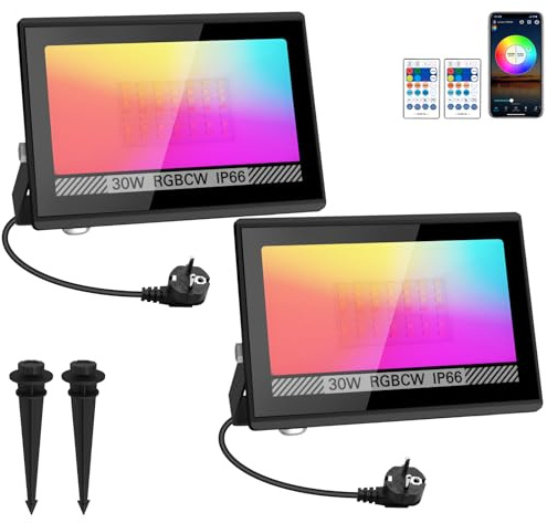 T-SUN RGB LED Strahler Außen, 30W Smart RGB Strahler,IP66 Flutlicht,2 Stück | Bluetooth APP Und Fernbedienung, 16 million Farben LED Fluter Flutlichtstrahler, Wasserdicht Flutlicht für Gärten, Innenhöfe